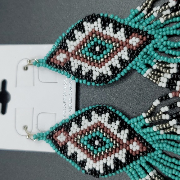 NWT Handmade Southwestern Aztec Seedbead Tassel Dangle Earrings Plated - Picture 2 of 5